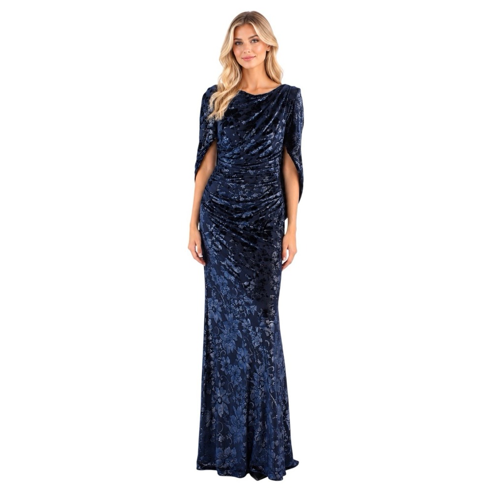 Betsy & Adam Blue Burnt Velvet Floral Cape Sleeve Gown Sz 10